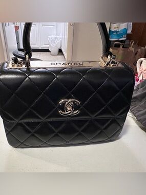 CHANEL Black Quilted Leather Top Handle Bag with Gold CC Hardware